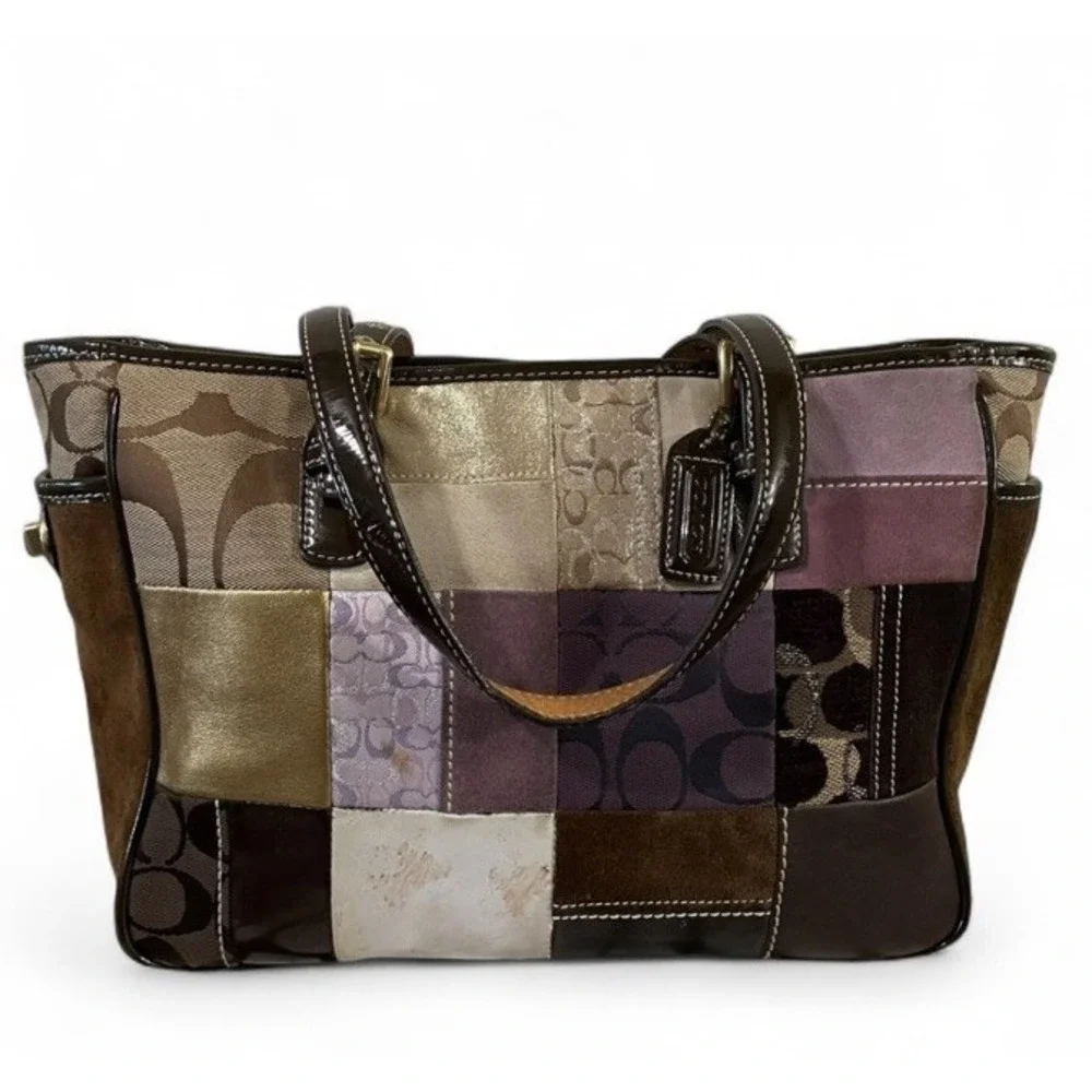 Coach Patchwork Tote Vintage Y2K Boho Multicolor Suede Leather Canvas Bag - Picture 12 of 16